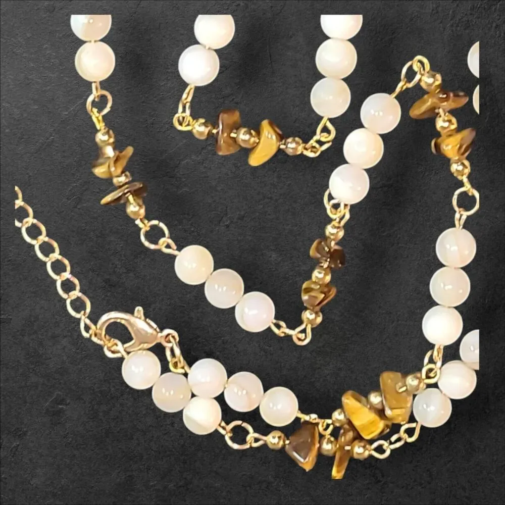 Gold‎ Tone Tiger's Eye & White Stone Bead Station Necklace 22